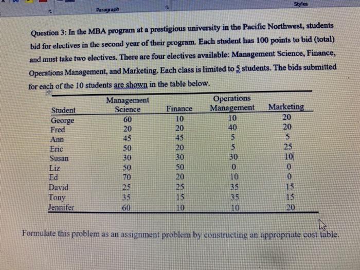 Styles Paragraph Question 3: In the MBA program