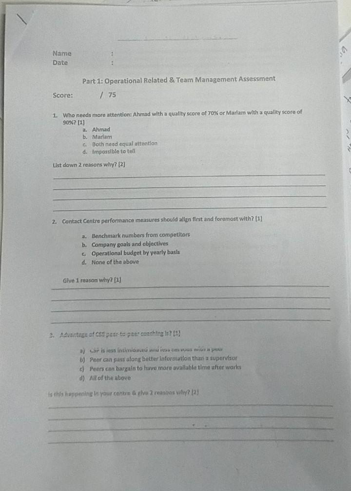 Name Date Part 1: Operational Related & Team