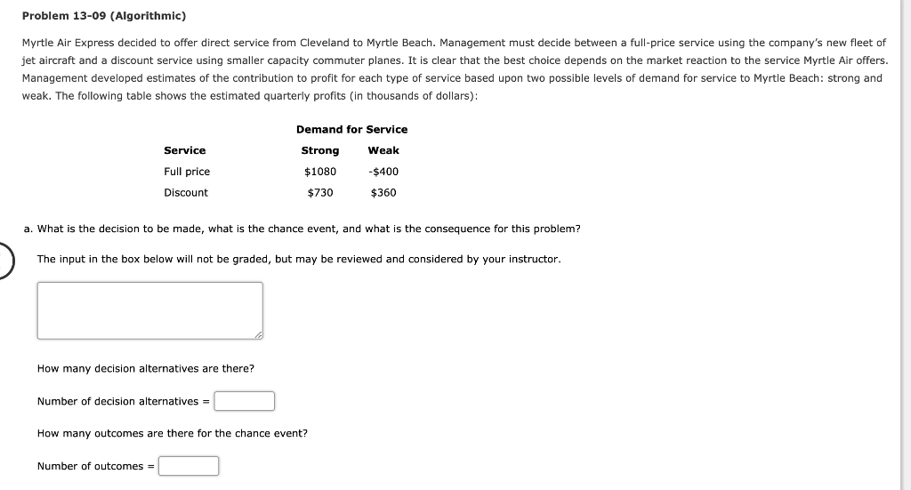 Problem 13-09 (Algorithmic) Myrtle Air Express