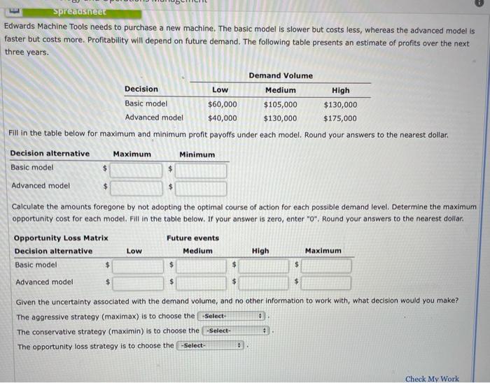 Spreadsheet Edwards Machine Tools needs to