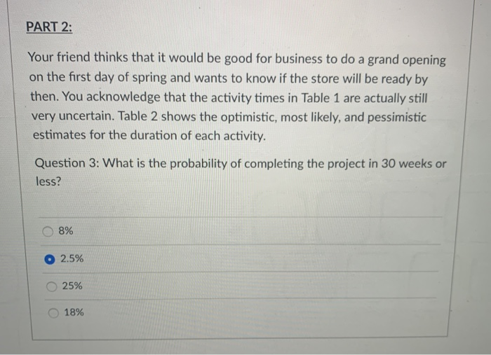 help please PART 1: Predecessors Table 1 Activity