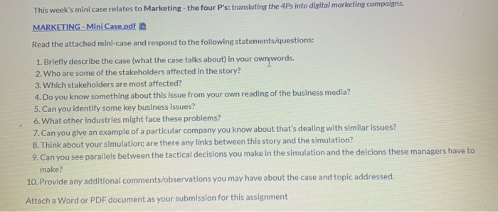 This week's mini case relates to Marketing - the