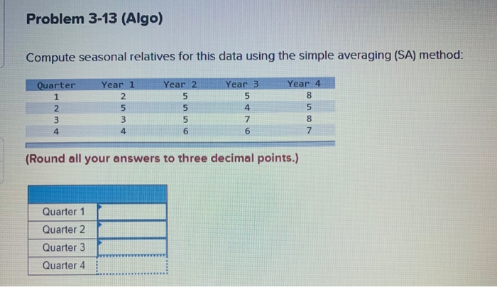 Problem 3-13 (Algo) Compute seasonal relatives