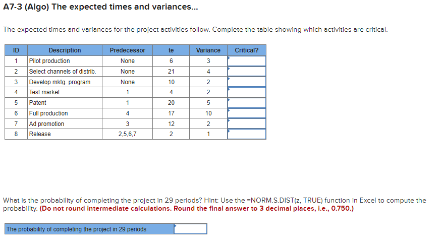 A7-3 (Algo) The expected times and variances...