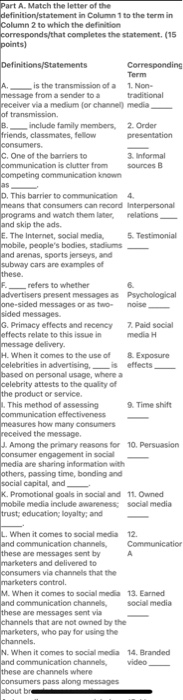 Part A. Match the letter of the