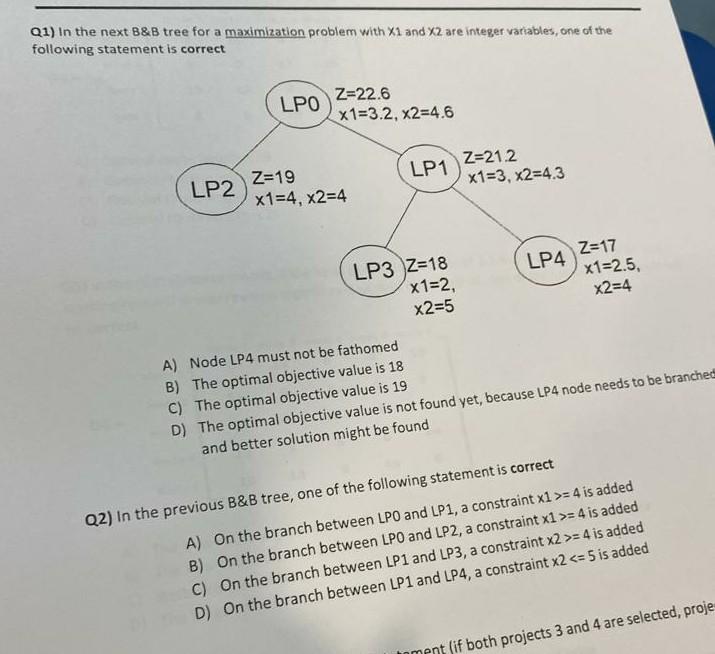 Q1) In the next B&B tree for a maximization