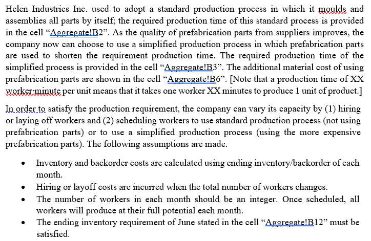 Aggregate Production Plan. The Excel worksheet