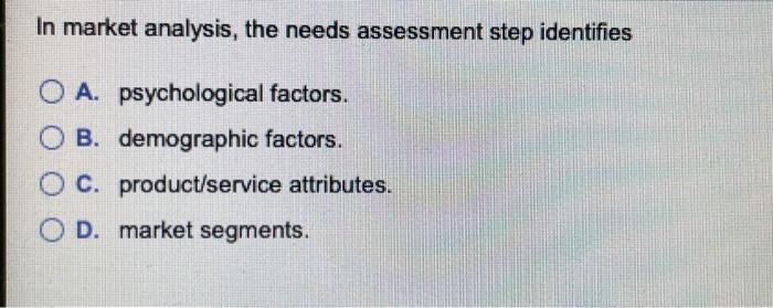 In market analysis, the needs assessment step