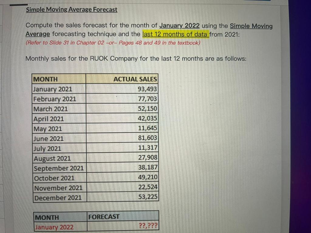 Simple Moving Average Forecast Compute the sales