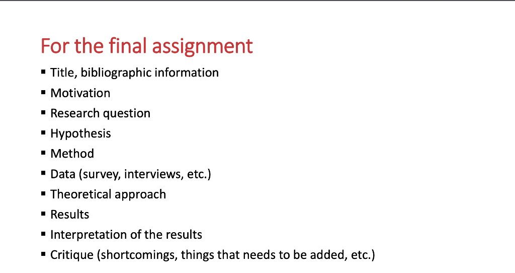 For the final assignment Title, bibliographic