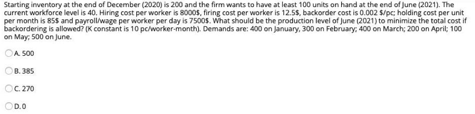 Starting inventory at the end of December (2020)