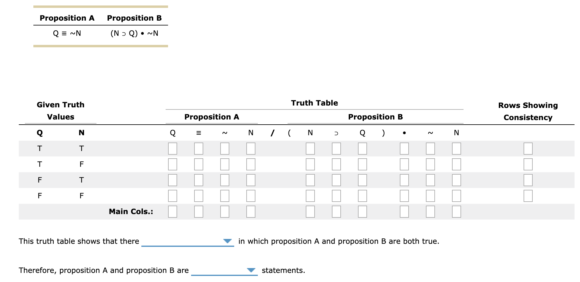 Complete the truth table for the given pair of