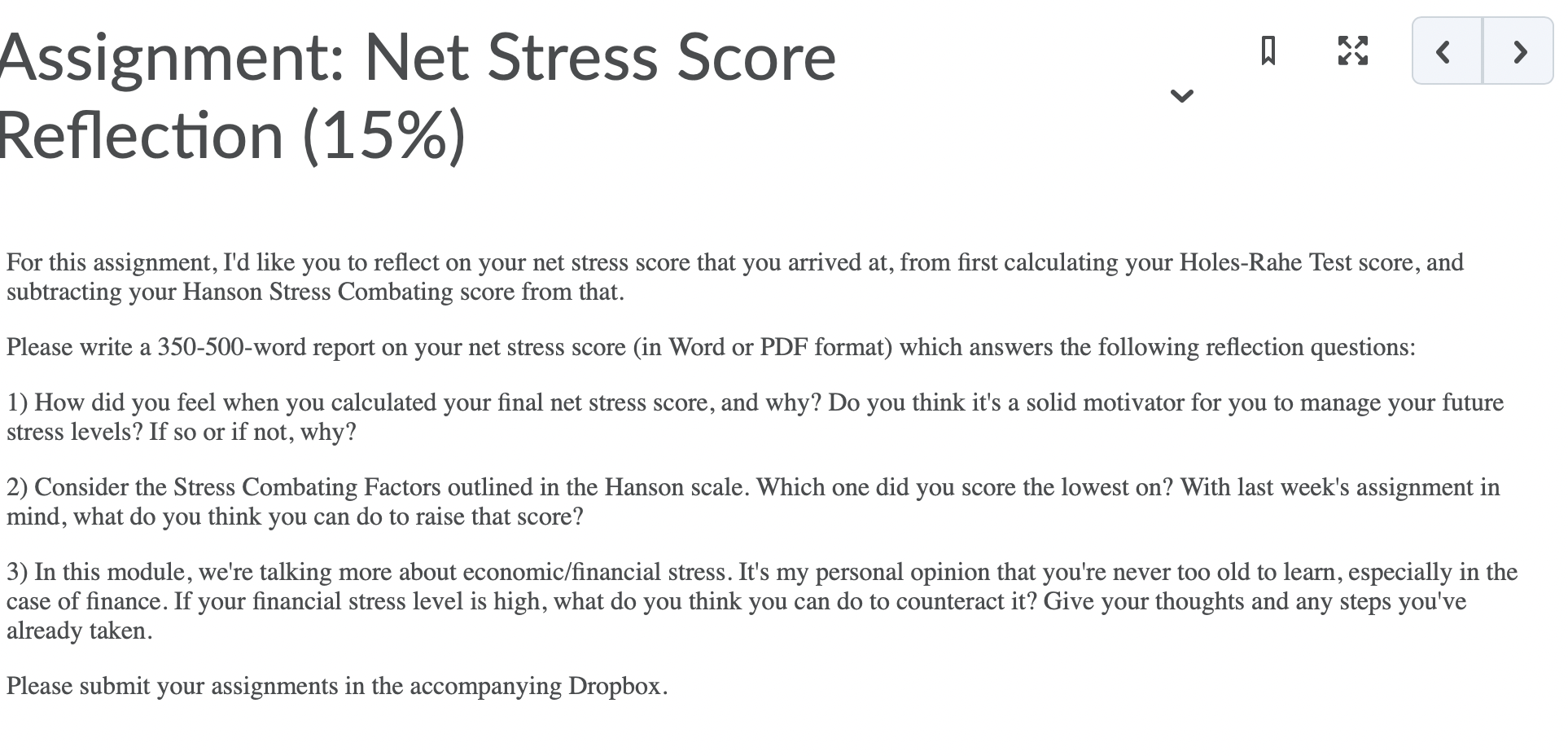 < > S. Assignment: Net Stress Score Reflection