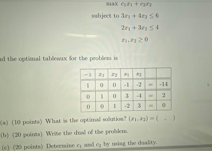 please solve just (c)! max c1+ C2x2 subject to