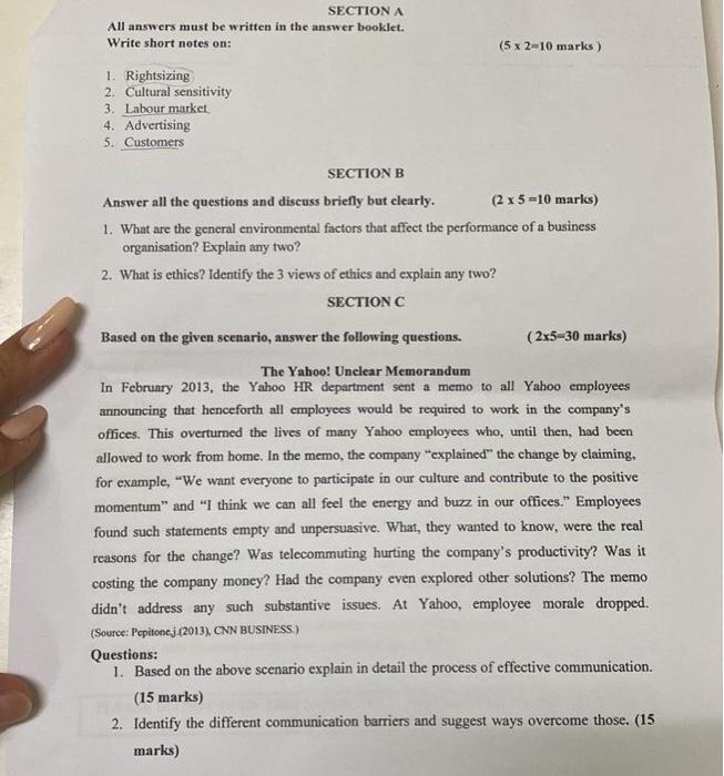 SECTION A All answers must be written in the