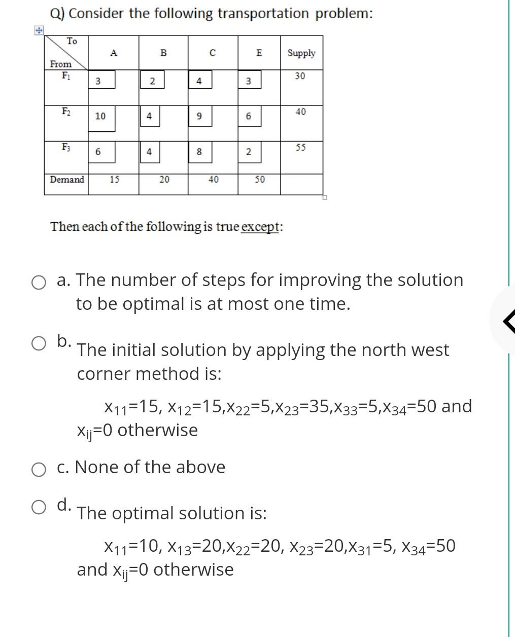 Q) Consider the following transportation problem: