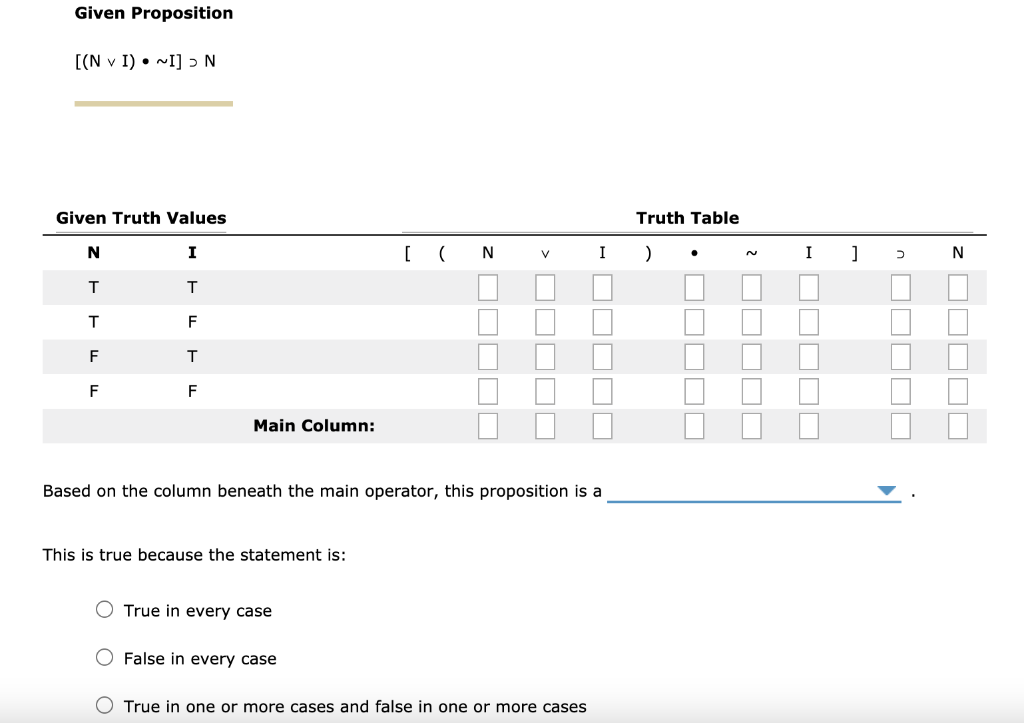 Complete the truth table for the proposition.