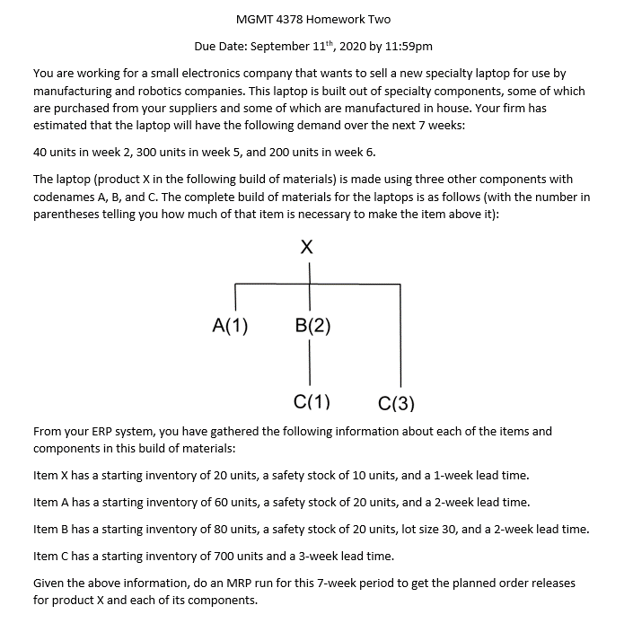 MGMT 4378 Homework Two Due Date: September 11th,
