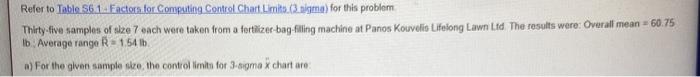 3- sigma x: UCL= LCL= 3-sigma R: UCL= LCL= Refer