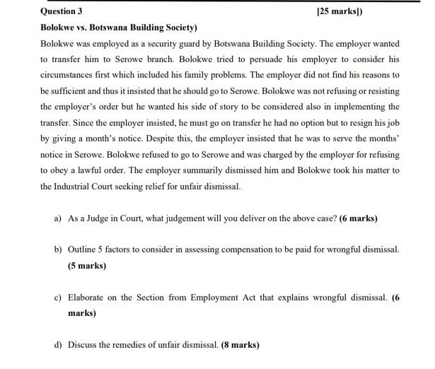 labor relations Question 3 [25 marks) Bolokwe vs.