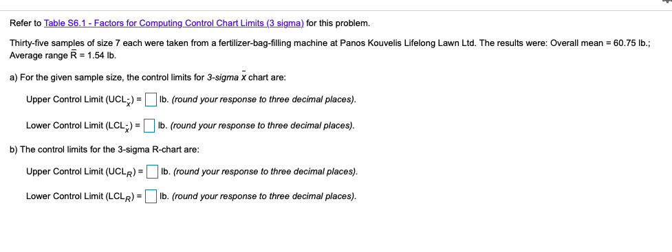 Refer to Table S6.1 - Factors for Computing
