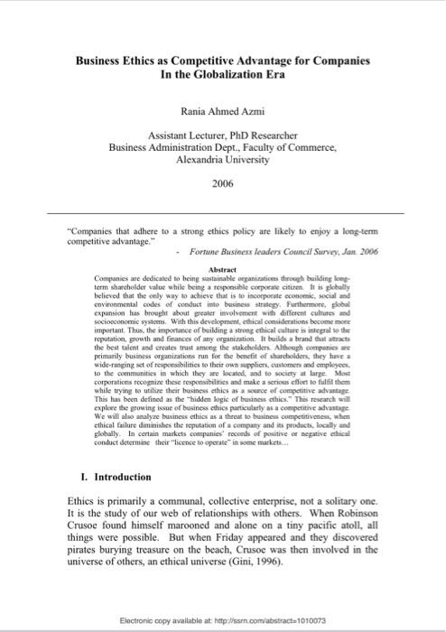 Summary of the article Business Ethics as