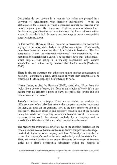 Summary of the article Business Ethics as