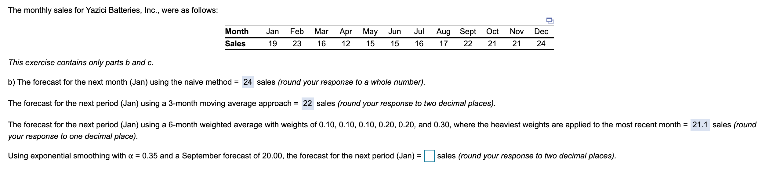 The monthly sales for Yazici Batteries, Inc.,