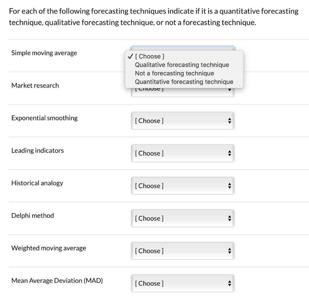 For each of the following forecasting techniques