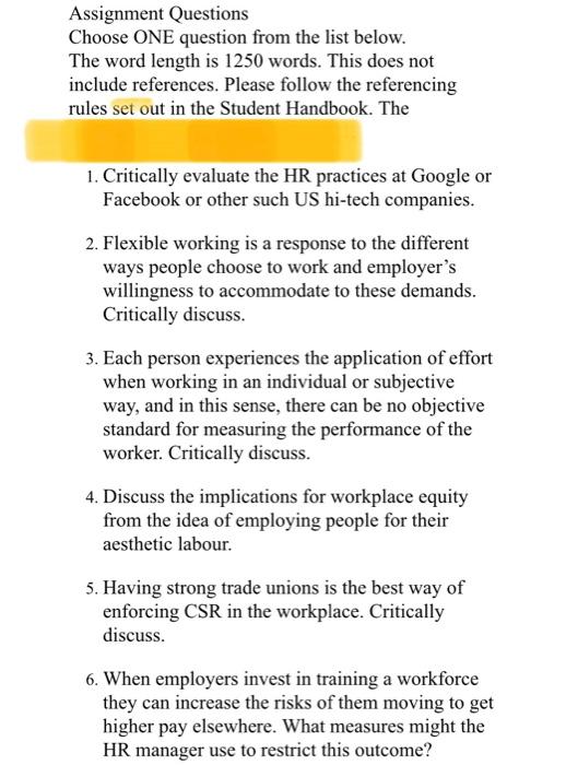 Assignment Questions Choose ONE question from the