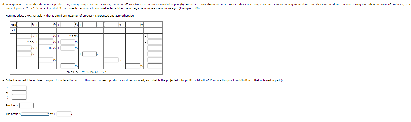 Let Pi= units of product i produced units of