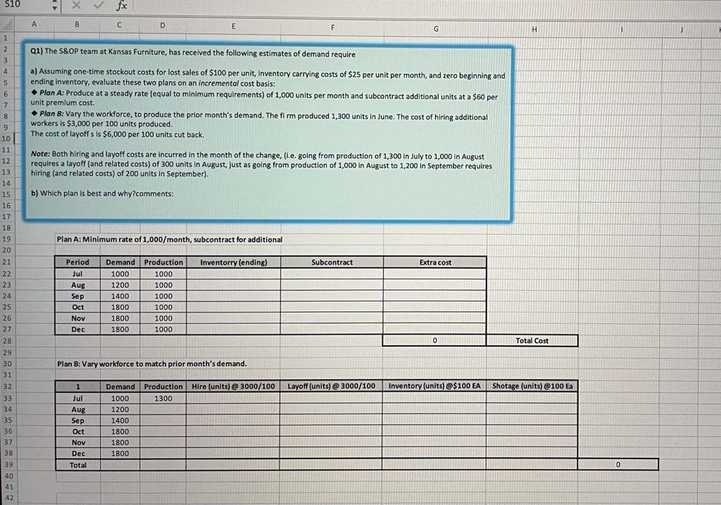 S10 fx A 8 D E G H 1 1 Q1) The S&OP team at