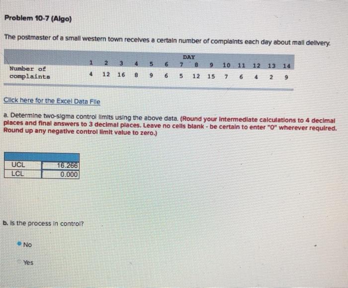 need correct UCL and LCL Problem 10-7 (Algo) The
