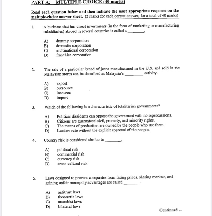 PART A: MULTIPLE CHOICE (40 marks) Read each