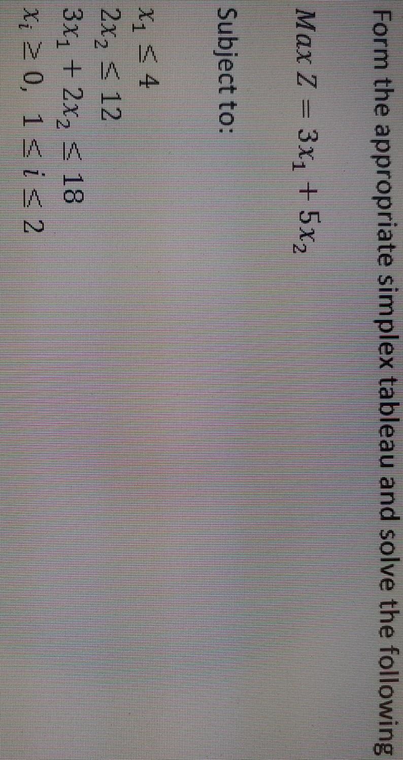 Simplex Tableau Form the appropriate simplex