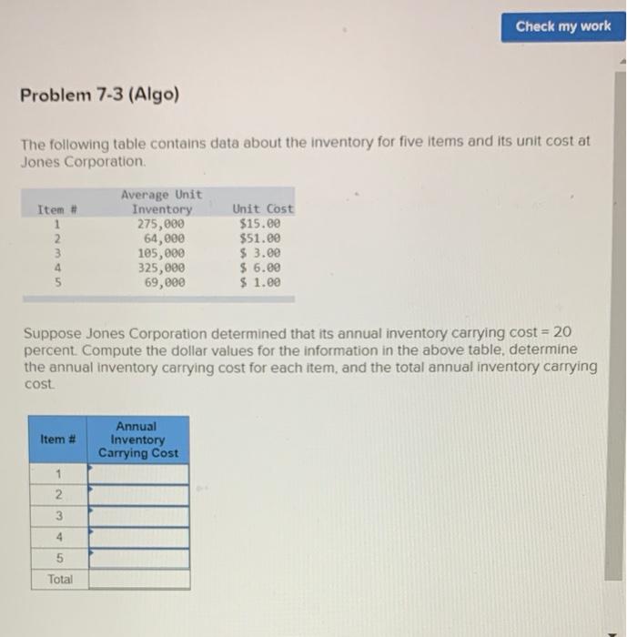 Check my work Problem 7-3 (Algo) The following