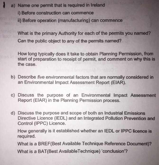 a) Name one permit that is required in Ireland a)
