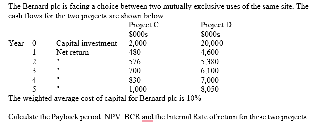 EXCEL The Bernard plc is facing a choice between
