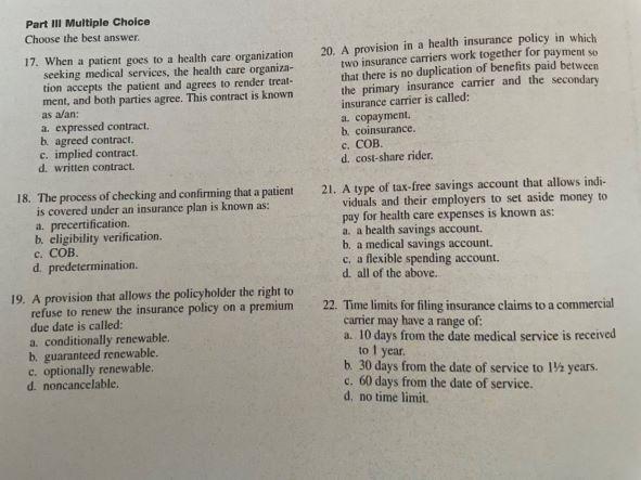 Part Ill Multiple Choice Choose the best answer