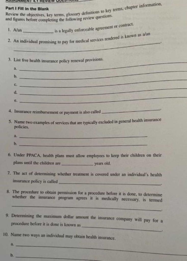 Part I Fill in the Blank Review the objectives,