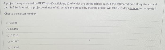 A project being analyzed by PERT has 60