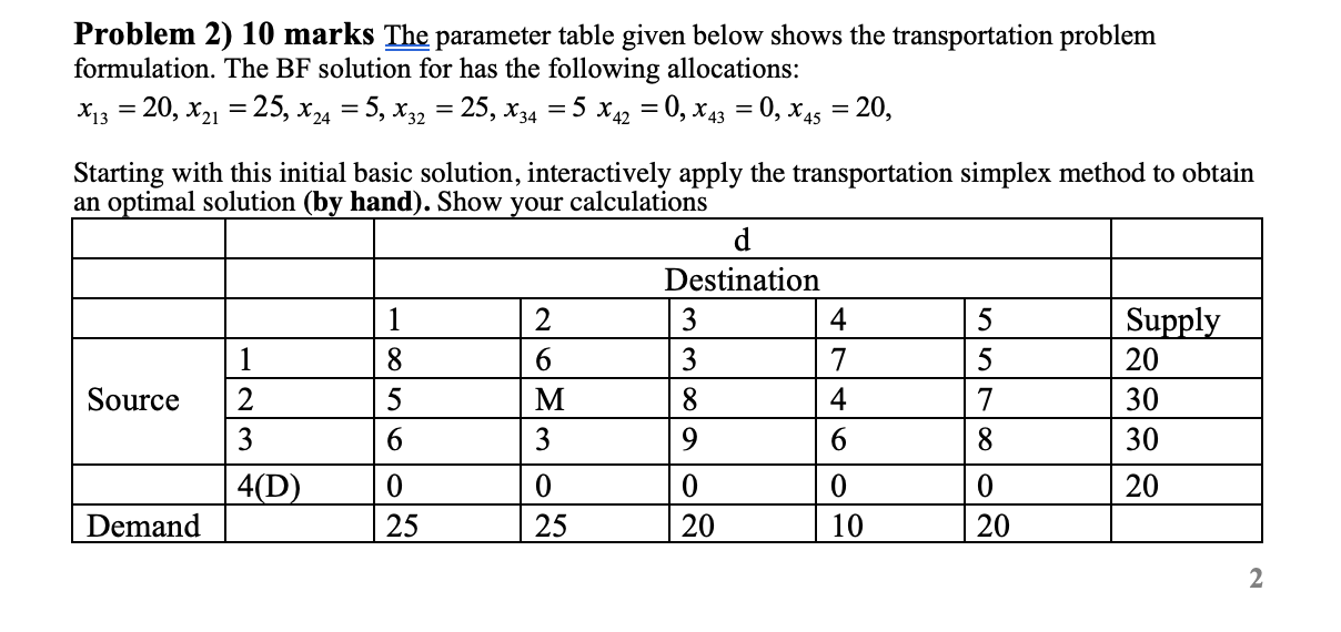 Problem 2) 10 marks The parameter table given