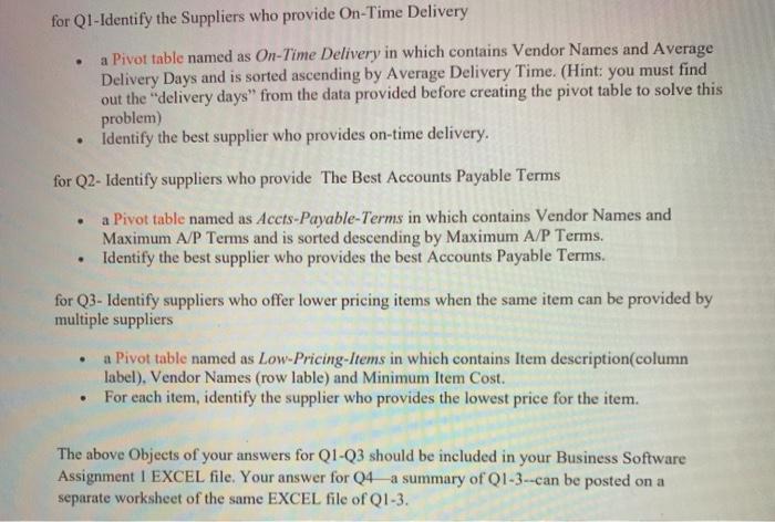 for Q1-Identify the Suppliers who provide On-Time
