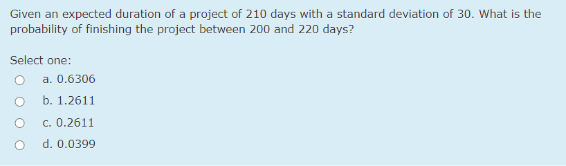 Given an expected duration of a project of 210