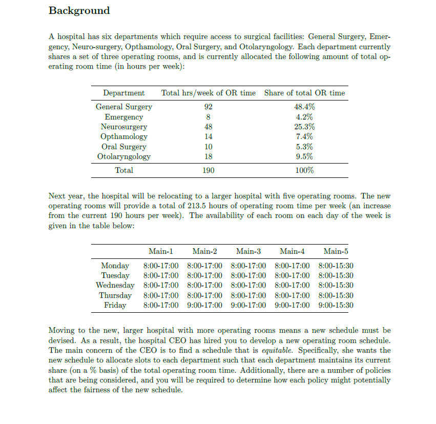 Background A hospital has six departments which