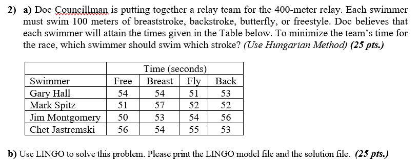 2) a) Doc Councillman is putting together a relay