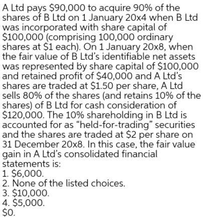 A Ltd pays $90,000 to acquire 90% of the shares