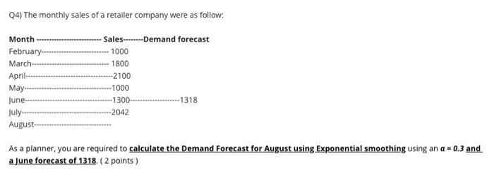 Q4) The monthly sales of a retailer company were