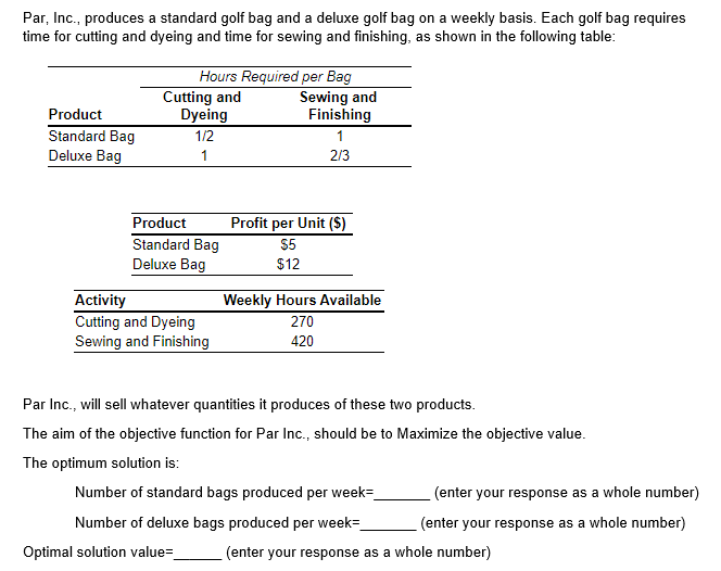 Par, Inc., produces a standard golf bag and a