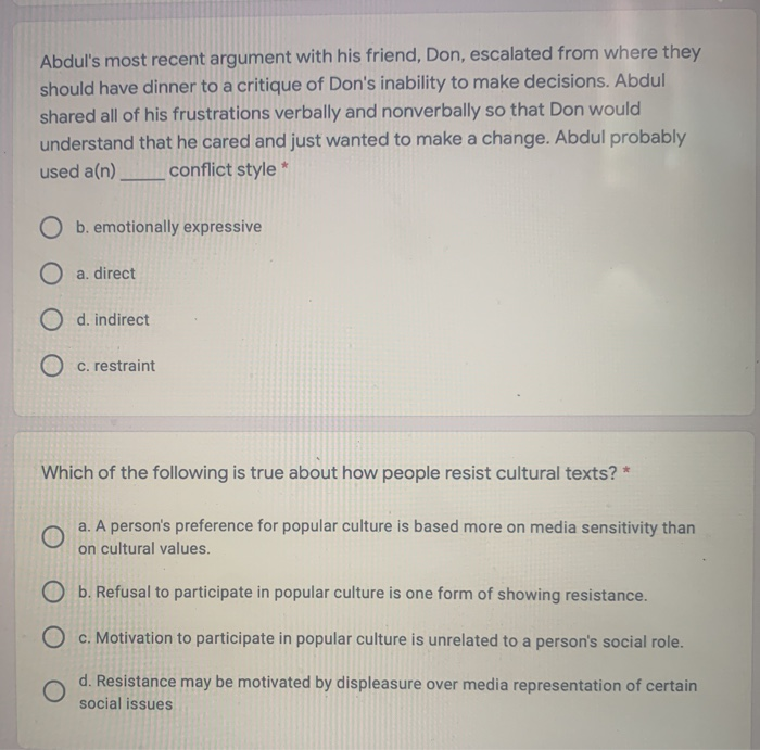 all are mcq Abdul's most recent argument with his